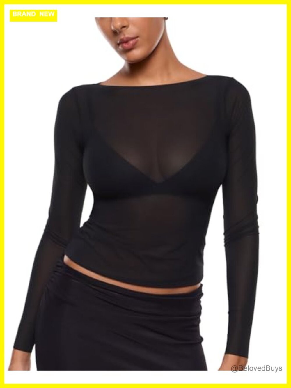 Women's Mesh Sheer Boat Neck Long Sleeve Top
